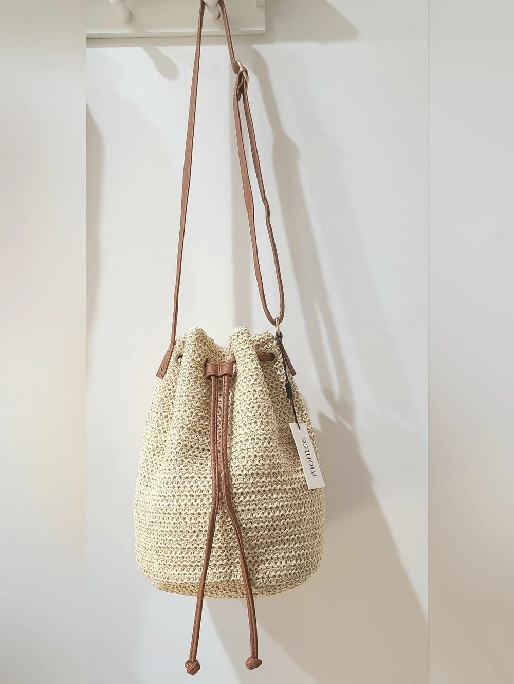 Montce Ali Woven Straw Bucket Bag Ivory/Chestnut Brown NWT